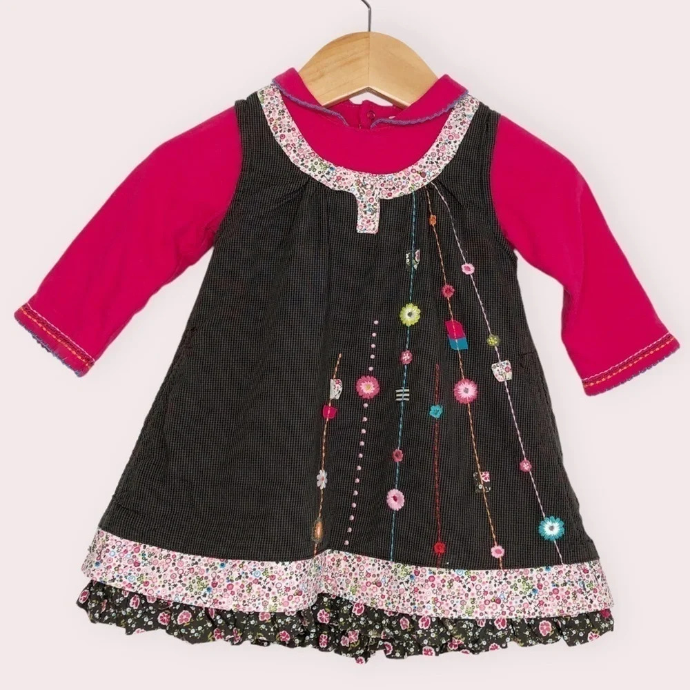 Catimini dress layered‎ brown and pink w/ floral embroidery size 6 months